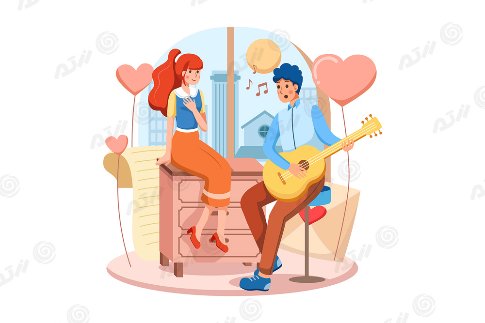 وکتور EPS لایه باز رایگان طرح گرافیکی و کارتونی مناسب روز ولنتاین شامل مردی در حال گیتار زدن برای زن